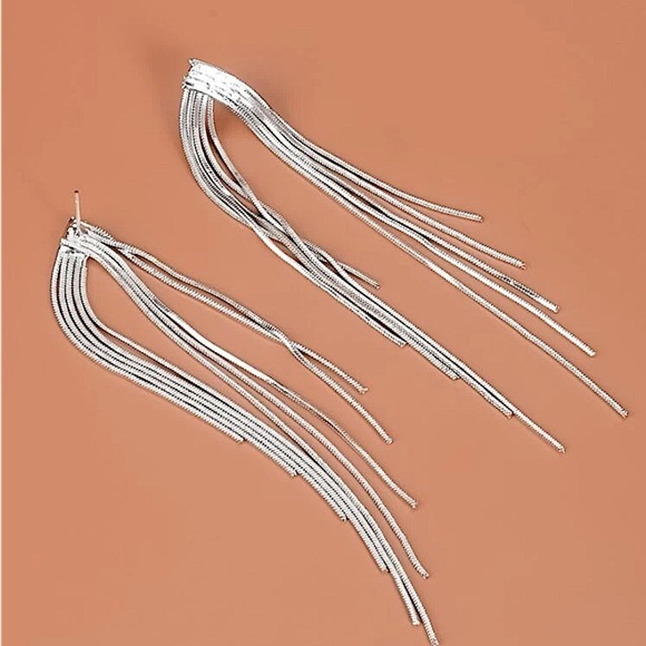 Sterling Silver Chain Tassel V Design Earrings - Picture 5 of 8